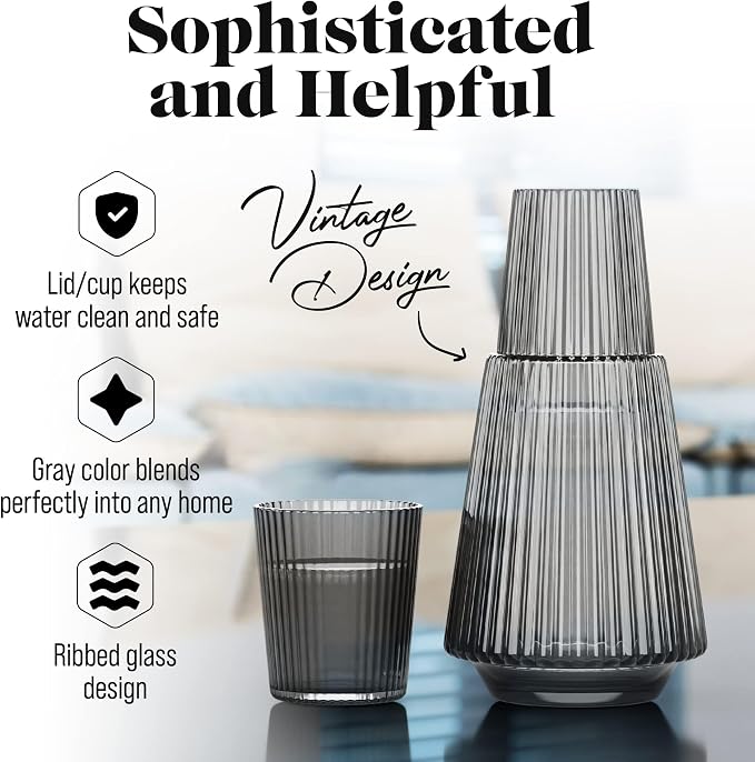American Atelier 37 oz Vintage Bedside Water Carafe with Tumbler – 9.25" Ribbed Glass Pitcher with Cup Lid for Bedroom, Guest Room, Office, Vanity, Decorative & Practical Drinkware (Gray)