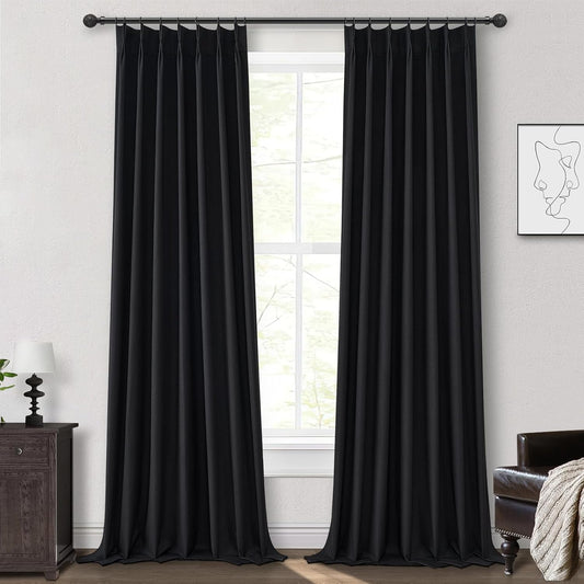 Black Curtains for Bedroom 90 Inches Long, Sound Proof Modern Window Drapes Light Blocking Floor to Ceiling Rod Pocket Linen Pinch Pleated Curtains Blackout Dining Room/Office (40"x90" 2 Panels)