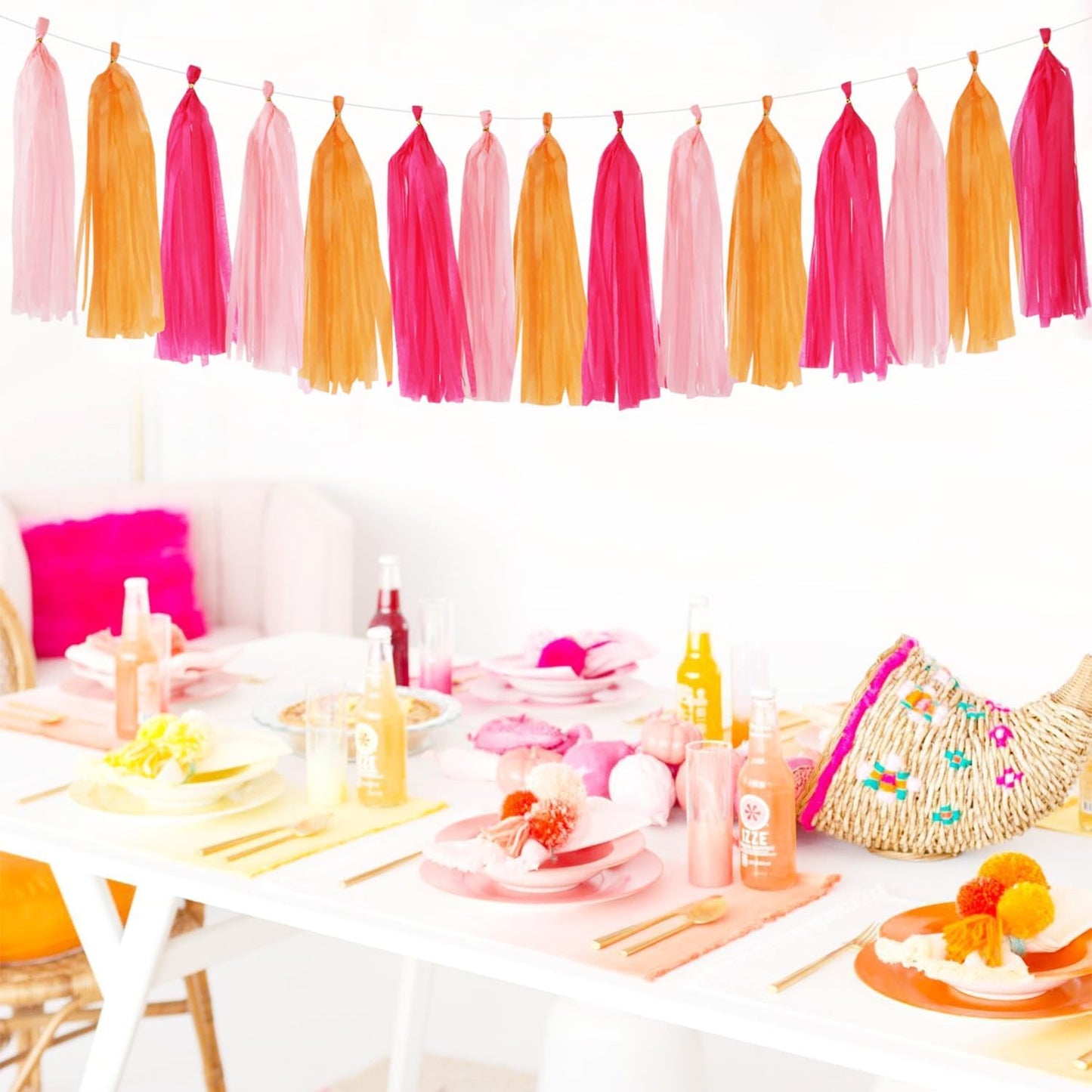 Hot-Pink Orange Fall Party-Decorations Tassel-Garland - 15pcs Groovy Baby-Shower Birthday Wedding Bridal Tassel, Autumn Thanksgiving Banner Streamers, Engagement Bachelorette Sunset Decor Panduola