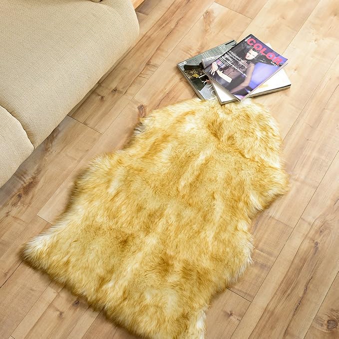 Carvapet 2x3 Luxury Faux Sheepskin Rug - Yellow and White Soft Fluffy Shaggy Area Carpet, Plush Fuzzy Throw and Small Furry Chair Cover Seat Pad for Bedroom Living Room