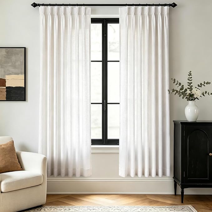 Natural Triple Pinch Pleat Linen Curtains 78 Inch Length 2 Panels for Living Room Neutral Cream Semi Sheer Light Filtering Curtain with hooks Modern Farmhouse Pleated Window Drapes 84 Inches Long