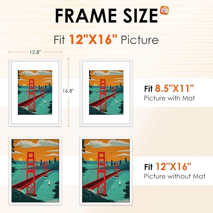 FIXSMITH 12x16 Picture Frame White Set of 2, Photo Frame with HD Plexiglass, Display Pictures 8.5x11 with Mat or 11x17 Without Mat, White Picture Frames Collage Wall Decor, Gallary Wall Frame