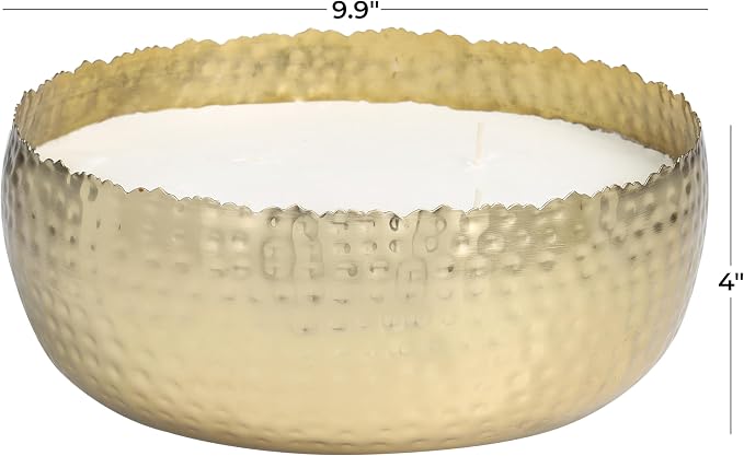 Deco 79 Metal Decorative Candle English Garden Scented Wide Hammered 90 oz 4 Wick Aromatherapy Candle with White Wax, Wax Aromatherapy Candle 10" x 10" x 4", Gold