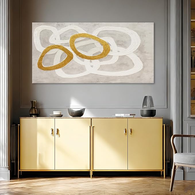Dolidoteart Canvas Wall Art, Beige White Gold Abstract Wall Art Print, Hand-Painted Style Horizontal Artwork for Living Room Bedroom Office, 24x48 Inch