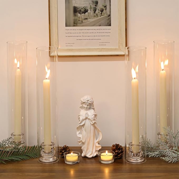 Volens Hurricane Glass Candle Holders- Set of 6 Candlestick Holders for Taper Candles with Windproof Cylinder Covers 14" Tall Clear Glass Chimney Cover for Wedding Table Centerpiece Home Decor