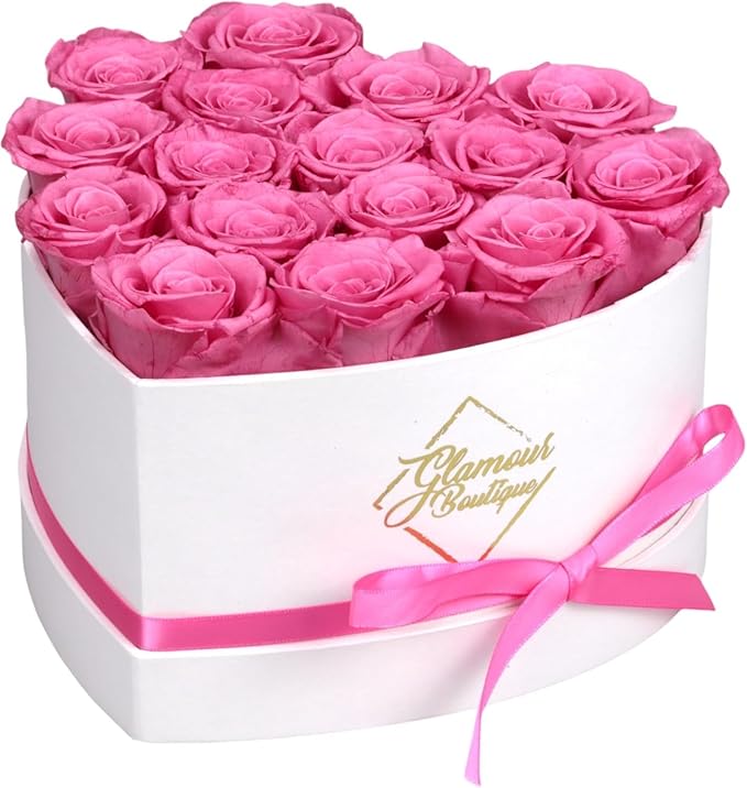 GLAMOUR BOUTIQUE Preserved Roses in a Box - Gifts for Her, Wife & Mom, Rose Flowers Forever Decor for Birthday Gift, Get Well Flower Bouquet Cased in White Box with Cover - Pink - 16 (Color-Treated)