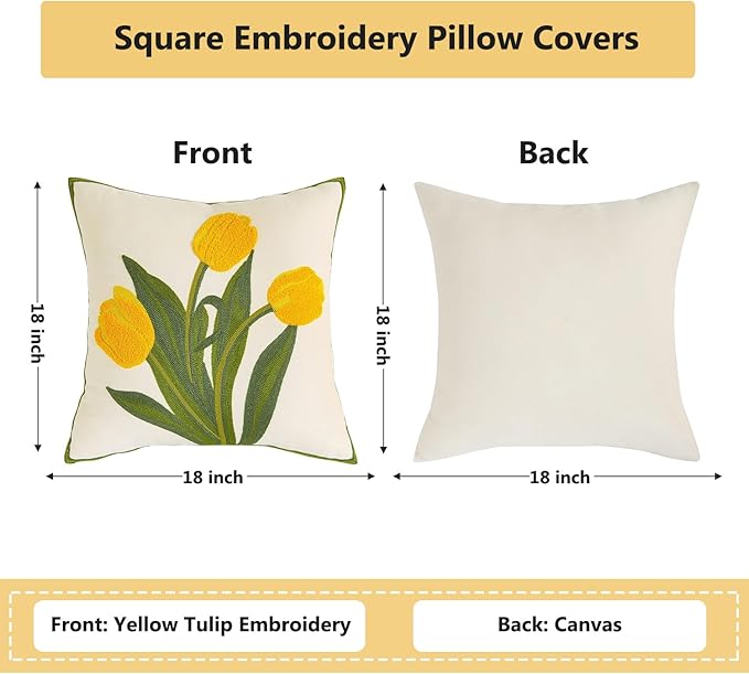 Yellow Tulip Pillow Covers 18x18 Pack of 2 Embroidery Throw Pillow Covers Spring Summer Decor Pillow Cases for Couch Cotton Canvas Cushion Cover Square Farmhouse Floral Pillow Case