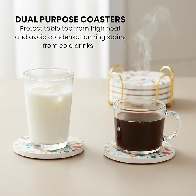 Absorbent Coaster Set of 6 with Holder, Drink Coasters for Coffee Table, Kitchen, Home Decor, Cute Ceramic Round Coasters, Alternative to Silicone, Cork or Glass Coaster (Splash)