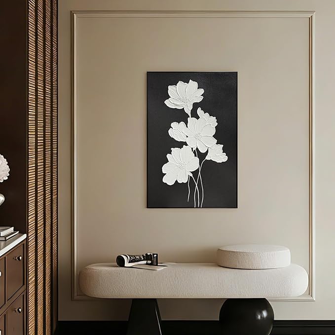 SAFERRYHOME White Flower Hand Painted Wall Art, Large Modern Floral Framed Canvas Wall Decor, 3D Texture Flower Oil Painting Nature Artwork for Home Office Living Room Hallway, 24"x36"