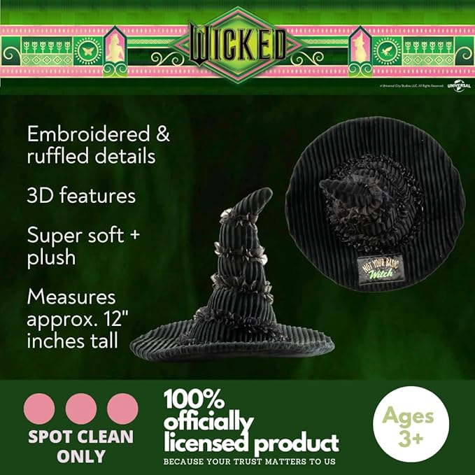 Wicked Elphaba's Witch Hat Bedding Super Soft Plush Decorative Throw Pillow, 14 in X 9 in, (Officially Licensed Product) By Franco Collectibles