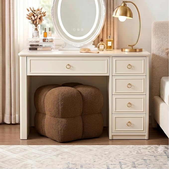Zesthouse Square Pouf Ottomans Footstool Set of 2, Upholstered Poofy Ottoman for Couch Sofa, Modern Ottoman Coffee Table for Living Room, Rust Brown Boucle Fabric Stool Foot Rest, Cute Vanity Chair