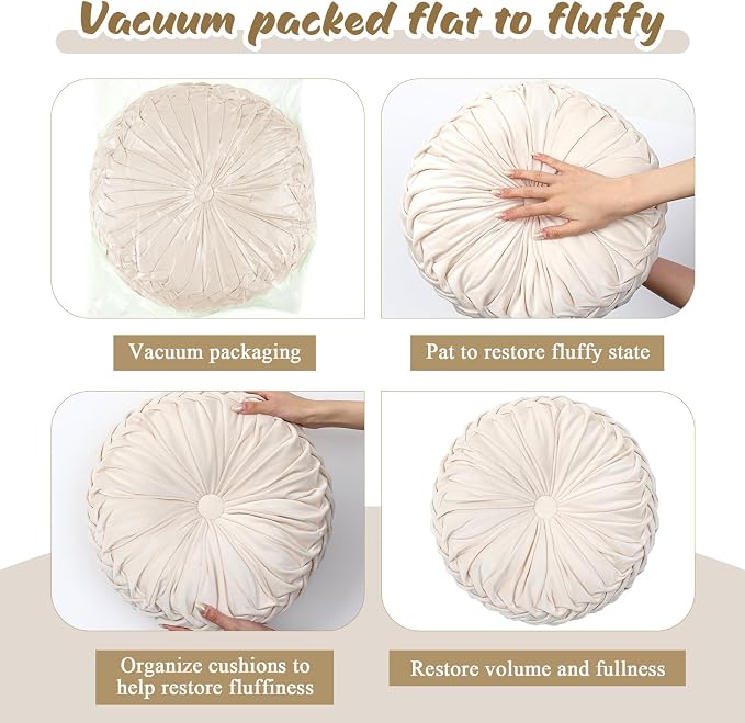 Drydiet 1 Pcs Round Throw Velvet Pillows Decorative Pleated Throw Pillows Diameter Accent Pumpkin Boho Chair Cushion for Couch Sofa Home Decoration (Beige,15'')