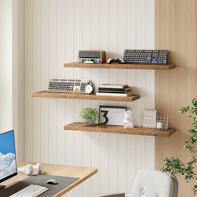 RALGEND Floating Shelves for Wall, 39.4" Long Wall Shelf Set of 3 with Invisible Bracket, 1.5" Thick Hanging Shelves Farmhouse Home Decor for Bathroom, Living Room, Bedroom Rustic Brown 10301BJP3BF