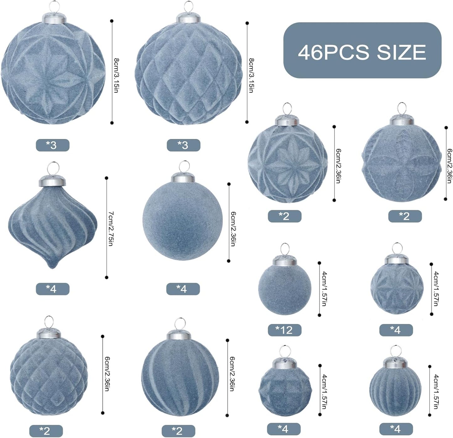 46PCS Velvet Christmas Ball Ornaments Set, Flocked Shatterproof Xmas Tree Decor, Assorted Hanging Ornaments with Loop for Holiday Home Decor, Christmas Tree, Mantel, Party Decoration (Gray Blue)