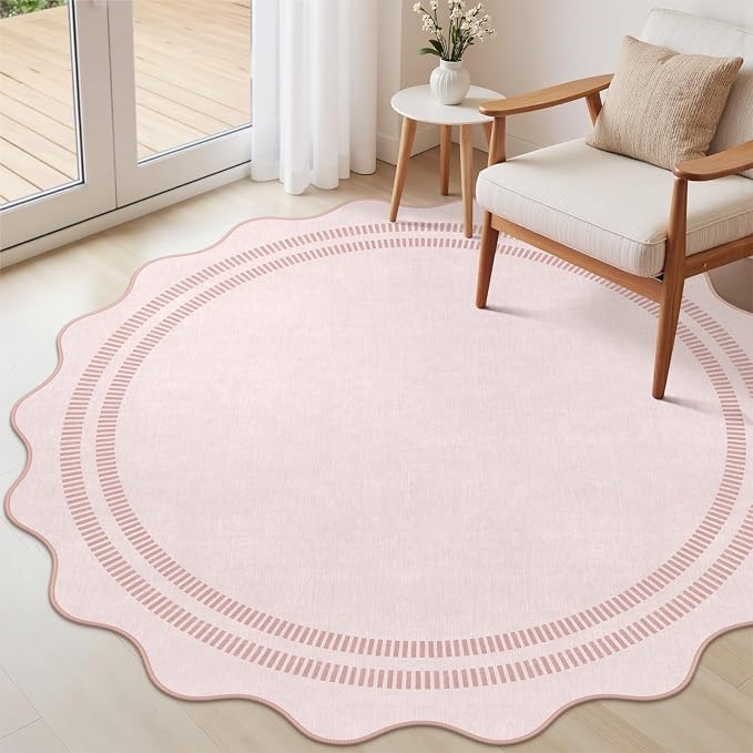 Washable 6ft Area Rugs for Living Room, Solid Pink Non Slip Rugs for Bedroom Girls, Stain Resistant Scalloped Soft Carpet for Nursery Dorm Dining Room