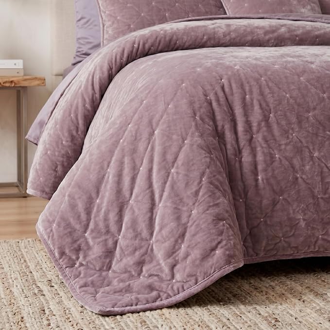 Tache Velvet Quilt Set Queen Size Luxurious Velveteen Velour Super Soft Plush Warm Cozy Diamond Tufted Polka Dot Quilted Coverlet Light Purple Mauve Bedspread Set, Queen