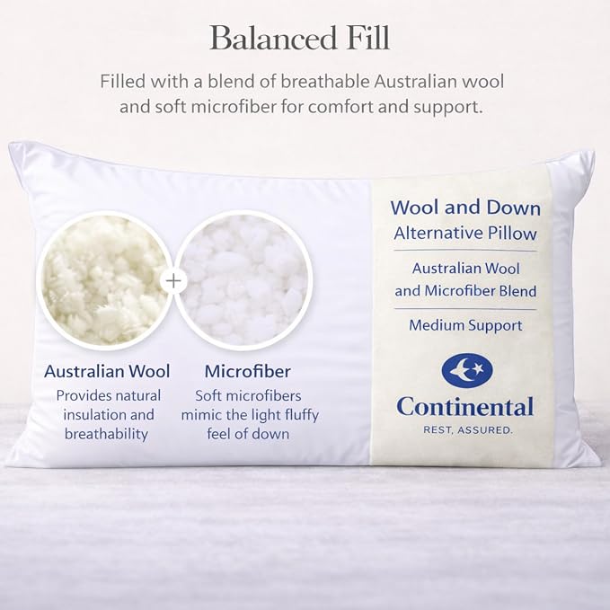 Continental Bedding Wool and Down Alternative Pillow Medium Support Australian Wool and Microfiber Blend 300 Thread Count 100% Cotton Cover