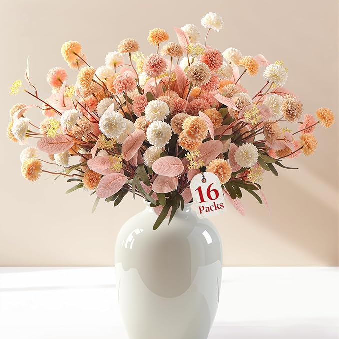 Alupssuc 16PCS Faux Silk Pompon Mums Artificial Flowers with Eucalyptus, Fake Chrysanthemum Floral for DIY Vase Arrangement, Long Stem Dining Table Centerpiece Home Decor, Mix 4 Colors