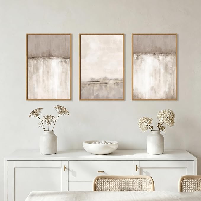 KAIRNE Large Neutral Gray Framed Canvas Wall Art Set, Abstract Duotone Gray Tan Wall Decor, Neutral Watercolor Shape Wall Pinting, Modern Landscape Art Print for Living Room,Bedroom,Office-16 x24 x3