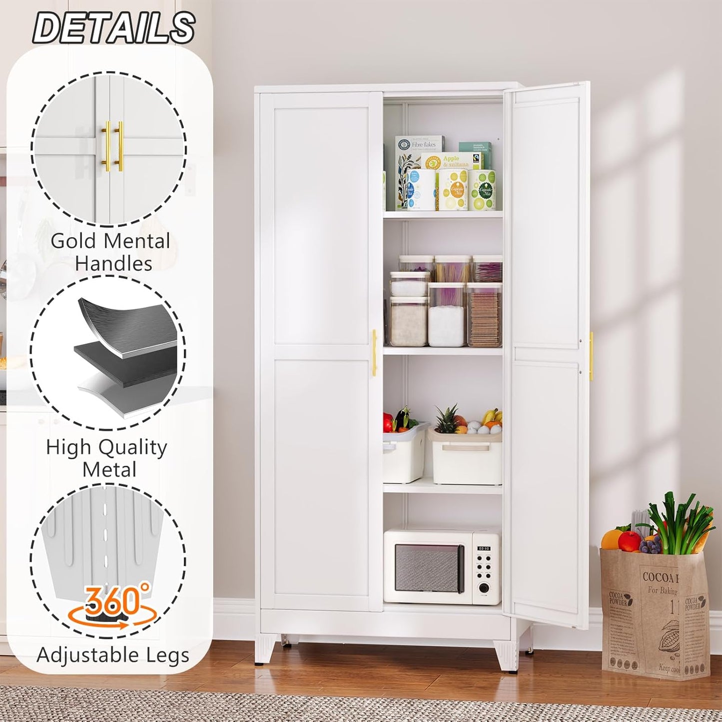 Metal Pantry Cabinet with 2 Doors and Adjustable Shelves - 61" Kitchen Storage Cabinet with Gold Handles - Versatile Storage for Kitchen, Bathroom, Dining Room, Utility Room - White