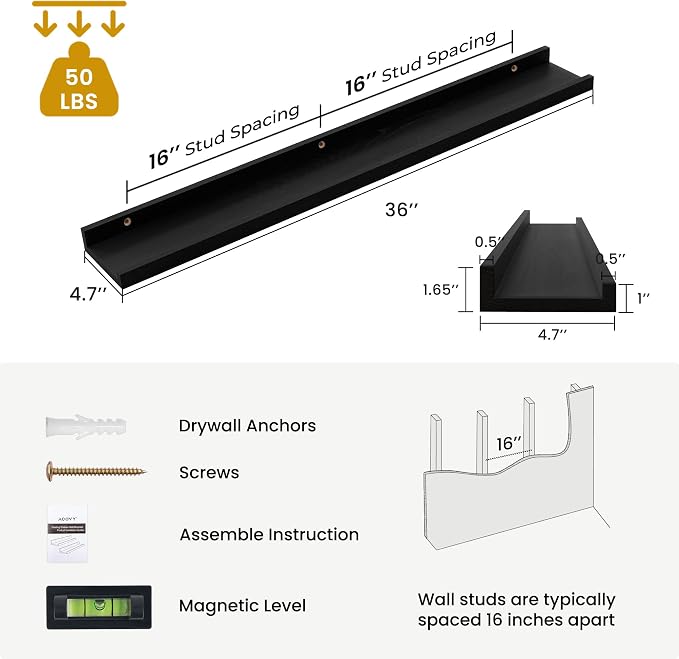 Acovy Solid Ash Wood Picture Ledge Shelf, 36 Inch, Black, Set of 2 | Floating Shelves with Lip, Photo Ledge, Wall Mounted, For Living Room Bedroom Nursery