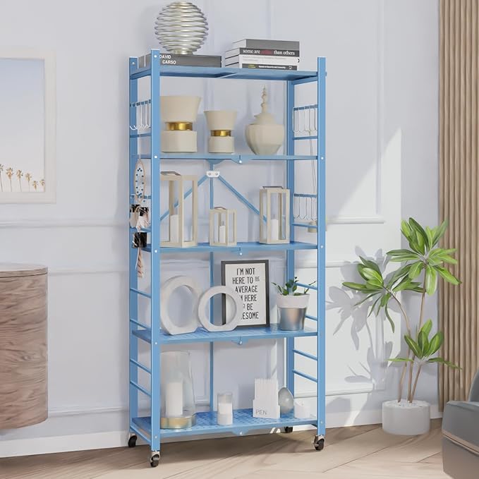 Himix Storage Shelves with 20 Hooks, 5-Tier Foldable Shelf for Storage, Folding Shelf Unit Pantry Shelves with Wheels, Standing Shelving Unit for Kitchen Garage Home Office Room Greenhouse, Blue