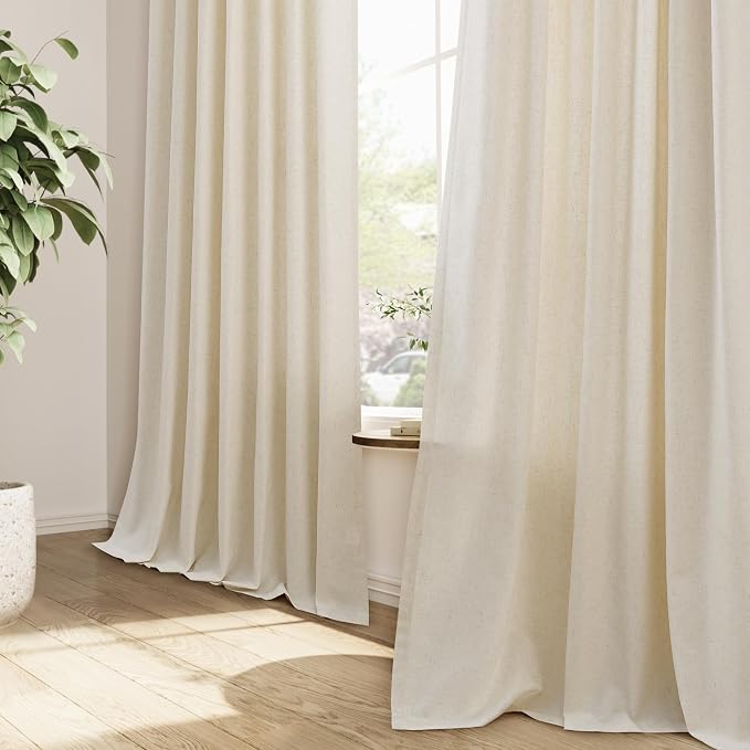 Guken Beige Pinch Pleated Linen Curtains 108 Inch Length 2 Panels for Living Room Bedroom Elegant Farmhouse Country Privacy Light Filtering Semi Sheer Back Tab Drapes with Hooks for Nursery 40x108
