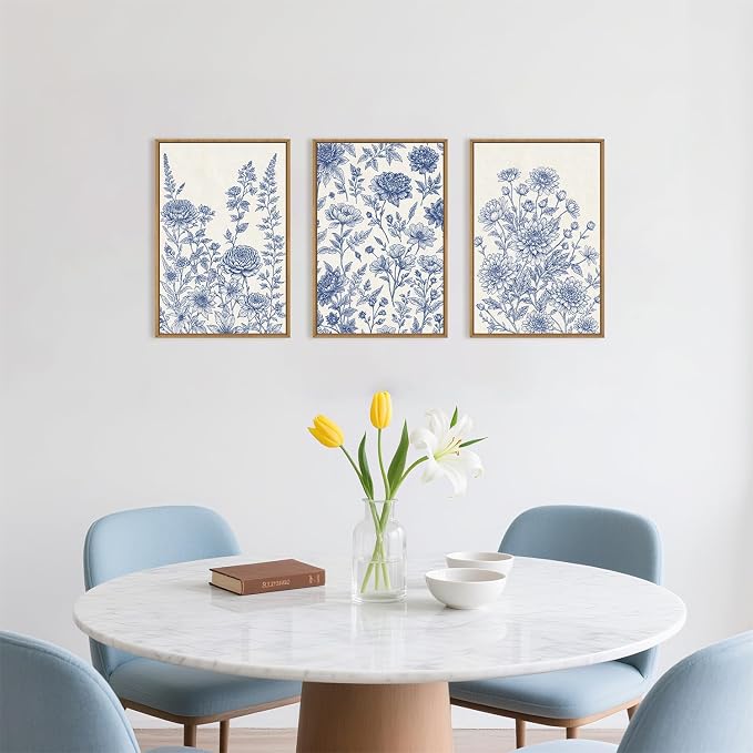 Large Navy Blue Chinoiserie Floral Framed Canvas Wall Art Set,Minimalist Blue and White Flower Wall Decor,Classic Watercolor Botanical Wildflower Art Print for Living Room,Bedroom-16 x24×3