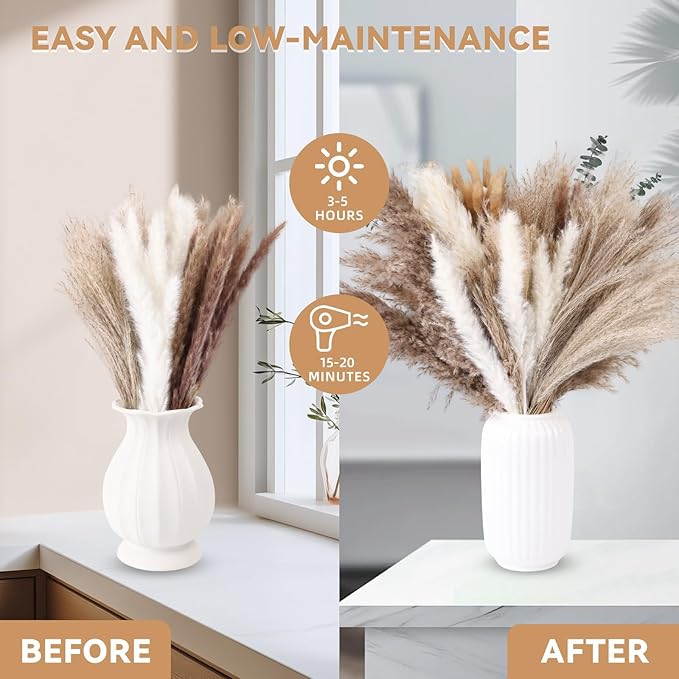 125Pcs Natural Dried Pampas Grass Decor 7 Types Dried Flowers for Vase Boho Pampas Bouquet, Farmhouse Decor Wedding Valentine Day Centerpiece for Table and Home Decoration 17''