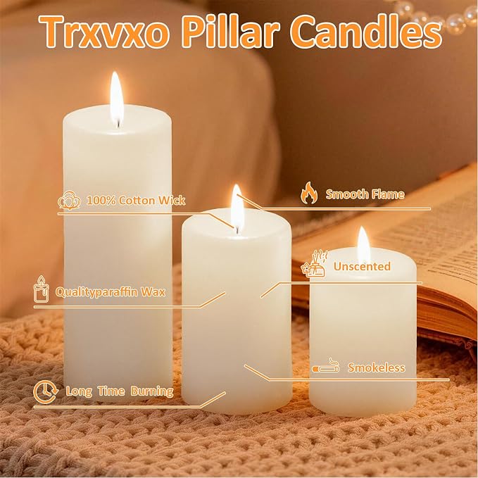 White Pillar Candles, 6-Pack Bulk Set in 3 Sizes (3, 6 & 8 Inch - 2 Each). Dripless, Unscented & Smokeless Hurricane Candles for Weddings, Parties & Home Decor.