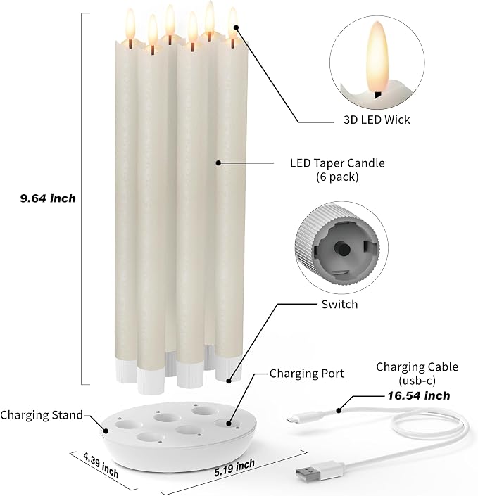 Rechargeable Flameless Taper Candles with Remote, Charging Base, 6 Pcs | 0.78x9.6" ivory wax LED tapers, 3D flicker, 2.5-hour USB-C charge, up to 160-hour runtime for Home Wedding Christmas Decor