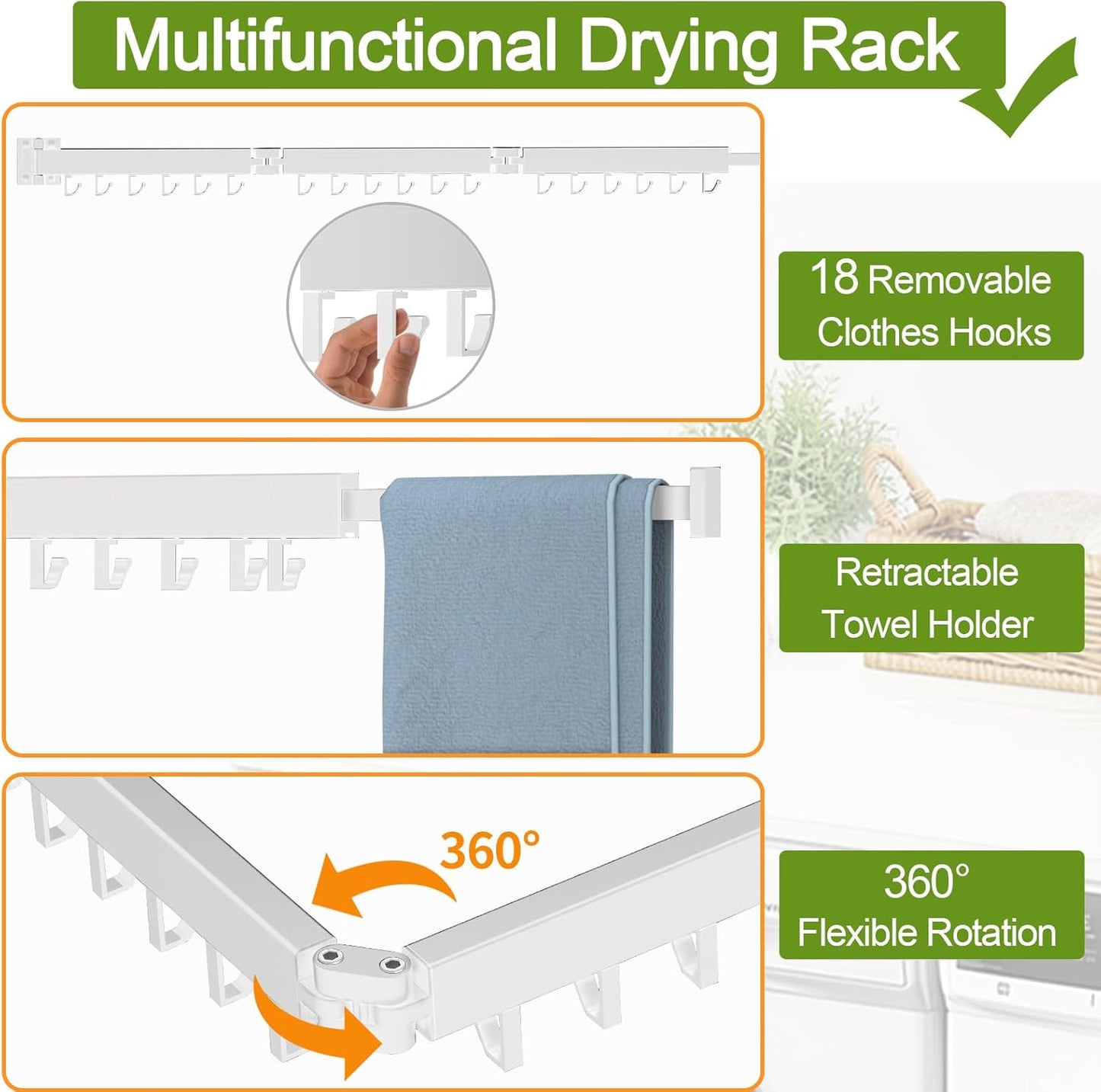 Clothes Drying Rack, Laundry Drying Rack Wall Mount, 3-Fold Wall Mounted Clothes Drying Racks for Hanging Clothes, Foldable & Sturdy Space Saver for Laundry Room -White