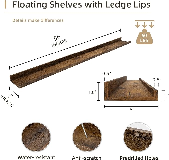 Acovy Picture Ledge Shelf, Wood Long Floating, Set of 2, 56 inch, Brown | Wall Mounted, For Living Room Kids' Room Bedroom, Photo Ledge Nursery Book Shelves