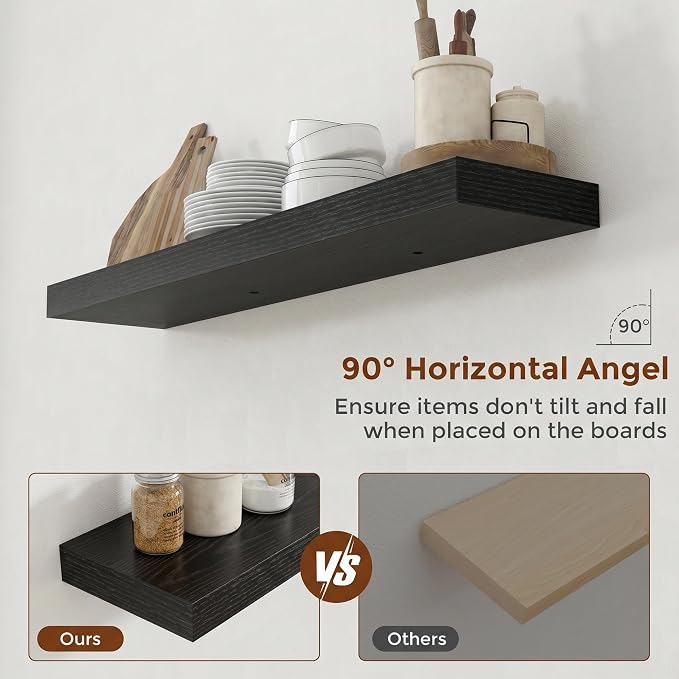 Heimlove 40 Inch Floating Shelves for Wall 8 Inch Deep Black Shelves Set of 2,Wall Mounted Rustic Wood Long Floating Shelf with Invisible Brackets for Bedroom Kitchen Living Room