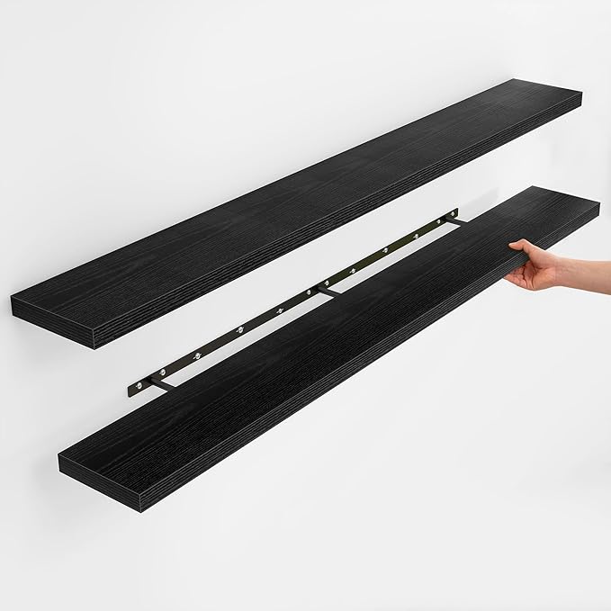 Fun Memories Floating Shelves for Wall, Rustic Wood Wall Mounted Shelves for Bathroom, Bedroom, Living Room & Kitchen, Storage Display Shelves, (Set of 2, Black, 72 in)