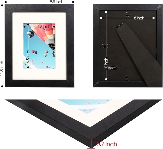 The Display Guys - Black Wooden Minimalist Picture Frames Set - Tempered Glass - 8x10 matted to 5x7 - Tabletop Easel - 4-Pack