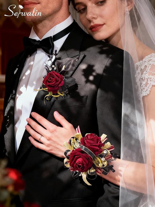 Serwalin Burgundy Prom Corsage and Boutonniere Set, Artificial Calla Lily Red Rose Wrist Corsage Wristlet for Homecoming, Formal Dance, Wedding Flowers Accessories Suit Decorations