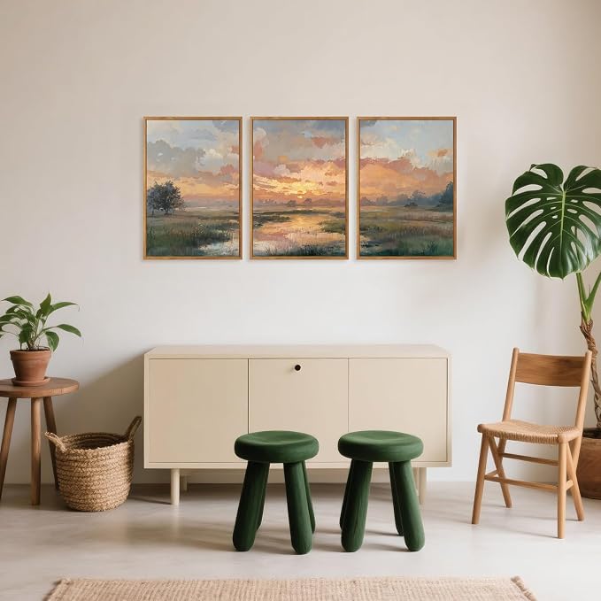 TOARTi Large Framed Abstract Sunset Landscape Canvas Wall Art,Nature Sunset Scenery Painting Wall Decor, Watercolor River Grassland Art Prints for Farmhouse Home Living Room Bedroom Office-16”x24”x3