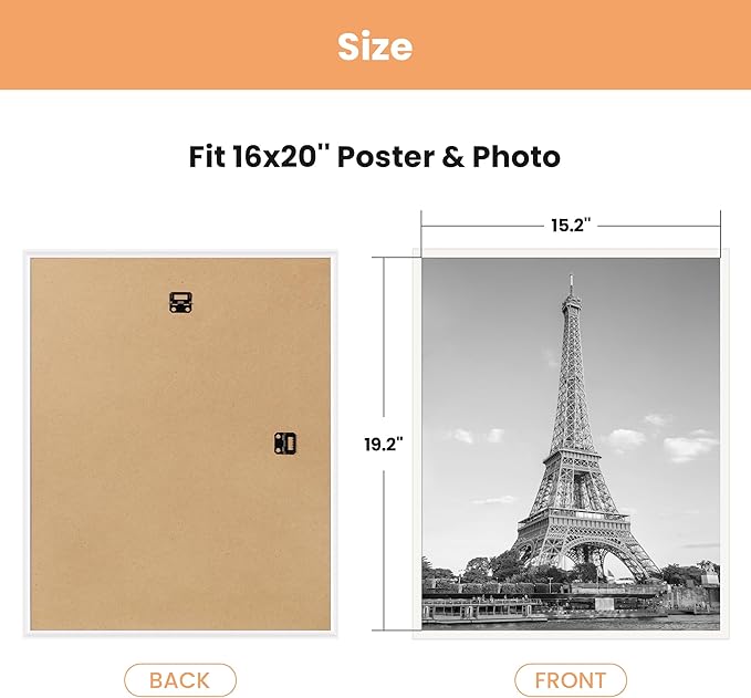 upsimples 16x20 Picture Frame White 3 Pack, Scratch-Proof Poster Frames 16 x 20 for Photo Gallery - Slide-In Strips, Horizontal or Vertical Wall Mounting