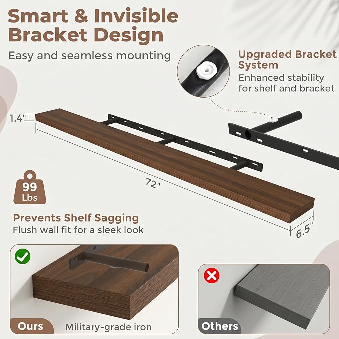 Venusmiles Floating Shelves for Wall, 72 Inch Floating Shelves Set of 1, 6.5" D Wooden Wall Mounted Display Shelves with Invisible Brackets for Living Room, Bedroom, Bathroom, Kitchen Decor, Walnut