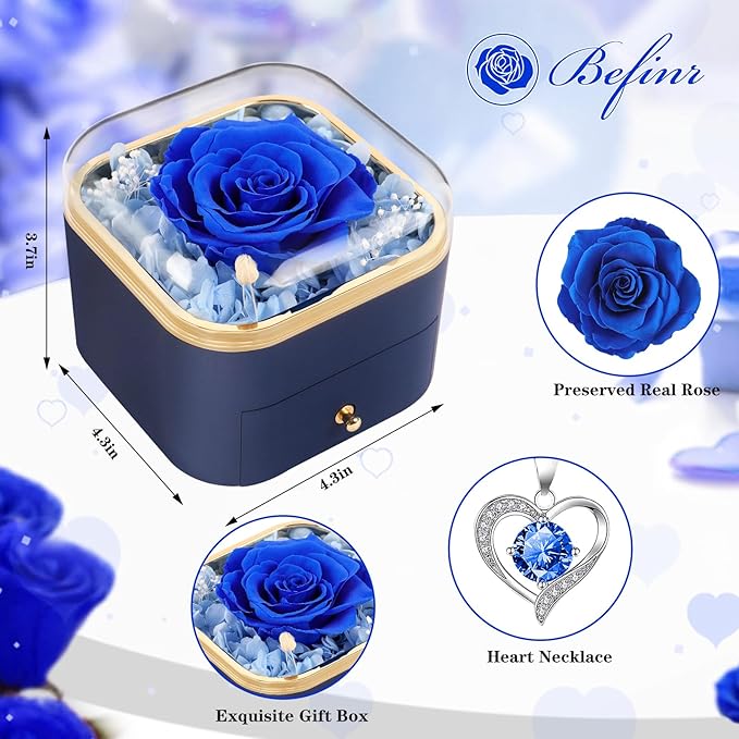 Beferr Gifts for Mom Preserved Real Blue Rose with Necklace Eternal Roses Forever Flowers for Delivery Christmas Anniversary Birthday Mothers Day Flower for Women Her Grandma Wife Daughter Girlfriend