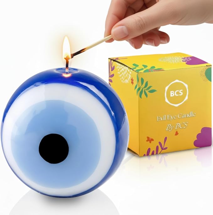 BCS Blue Evil Eye Candle - Nazar Home Decor - Handmade Unscented Premium Candles for Home & Office Vela Ojo Turco - 3.95 inches (Large) Blue