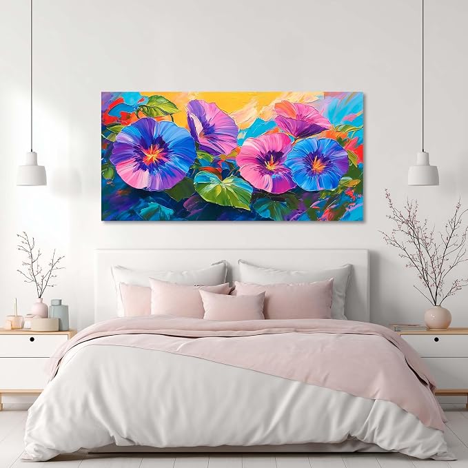 Ggaafet Blue Purple Flowers Wall Art for Living Room Canvas Oil Painting Prints Beautiful Morning Glory Floral Blooming Art Deco Vibrant Artwork Office Bedroom Family Dining Room Decor Extra Large