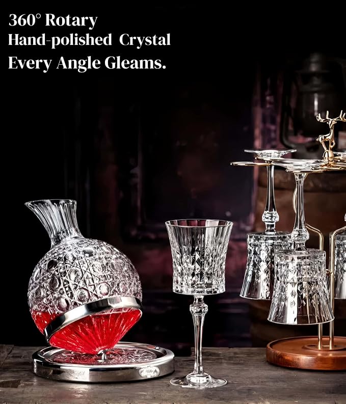 Wine Decanter Set - Spinning Crystal Red Wine Decanter Carafes, Jarler Football Rotory Hand Blown 1.5L Glass Wine Aerator Quick Decanter，Wine Gift for Him, Wine Lover, Father Gift (Gold+Clear)