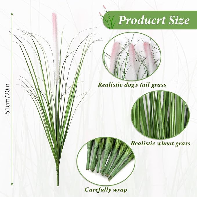 24PCS Artificial White Pink Tip Dog Tail Grass Onion Grass UV Resistant Outdoors Faux Shrubs Ornamental Wheat Grass Cattails Faux Bushes Home Decor for Outdoor Garden