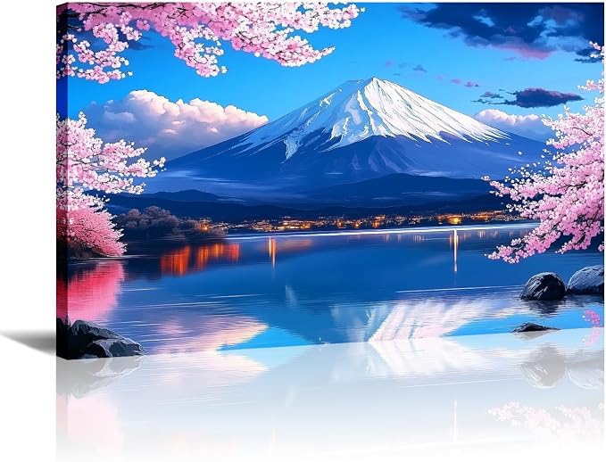 Japanese Wall Art Asian Landscape Canvas Prints Mount Fuji Picture Pink Cherry Blossom Trees Painting Nature Posters for Bathroom Living Room Wall Decor Framed - 16.00x24.00 inch
