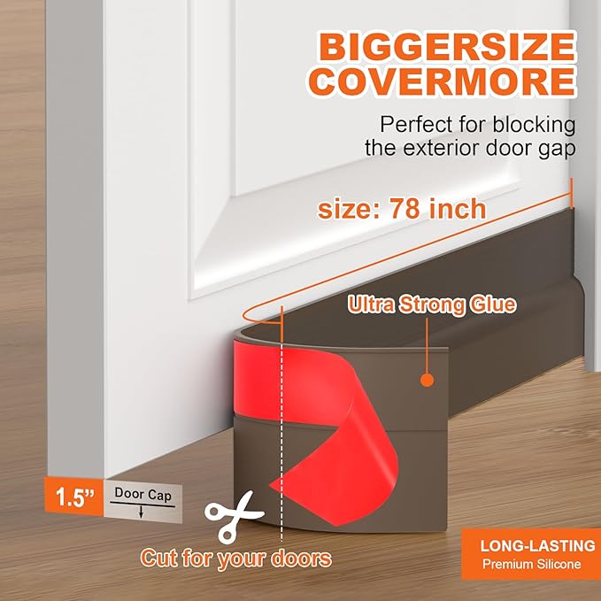 Door Draft Stopper, Door Sweep for Bottom of Door, Weather Stripping Door Seal Gap Filler Bottom Blocker Soundproof Cold Air Insulation Save Energy Installs Quickly and Easily (Brown, 78‘’)