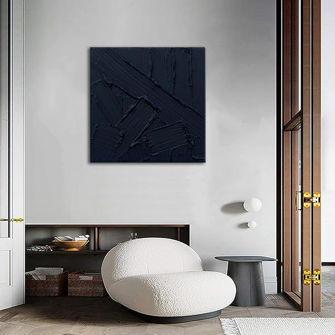 zoinart Hand Painted Textured Black Wall Art, 20x20 Inches Abstract Oil Paintings on Canvas Contemporary Wall Art Black Artwork