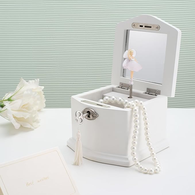 Small White Wooden Ballerina Musical Jewelry Box with Mirror and Lock for Girls，Kid's Jewelry Storage Music Box, Gift for Christmas,New Year, Birthday