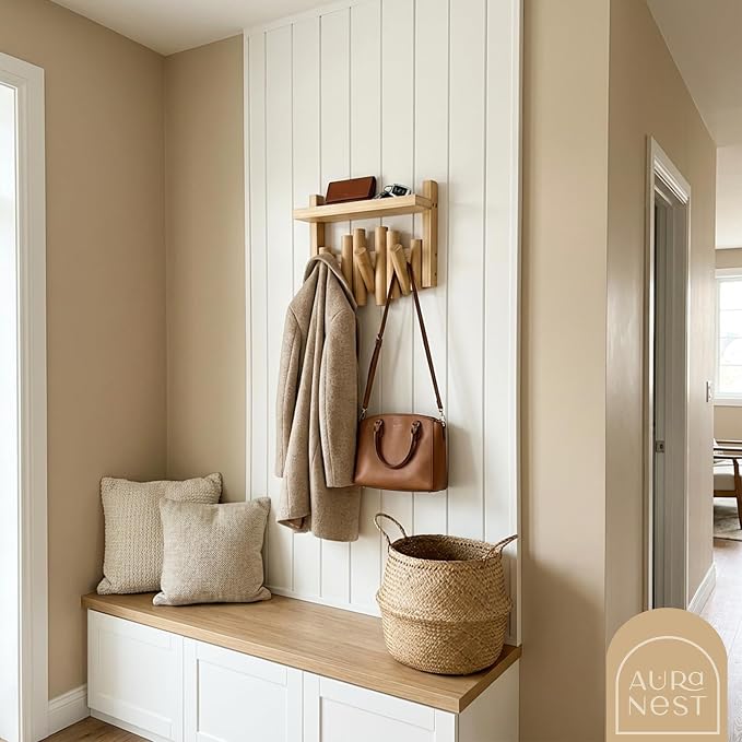 Bamboo Wall Mounted Coat Rack with Shelf Flip Down Wooden Hooks for Entryway Hallway Bedroom | Natural Piano Hanger, 3 Hooks, Space Saving Organizer